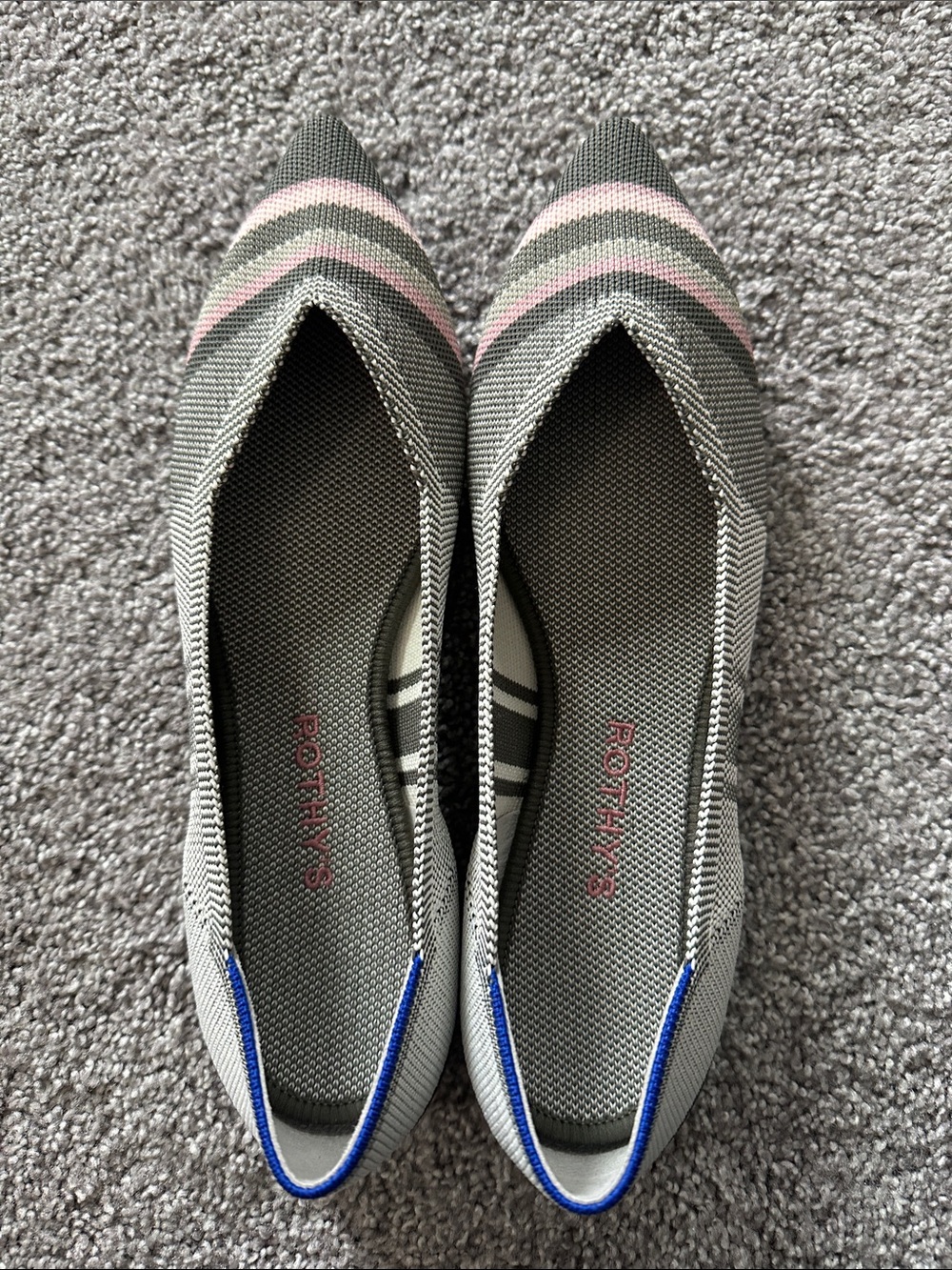 Rothy's Pointed Knit Flats in Gray with Pink Stripes